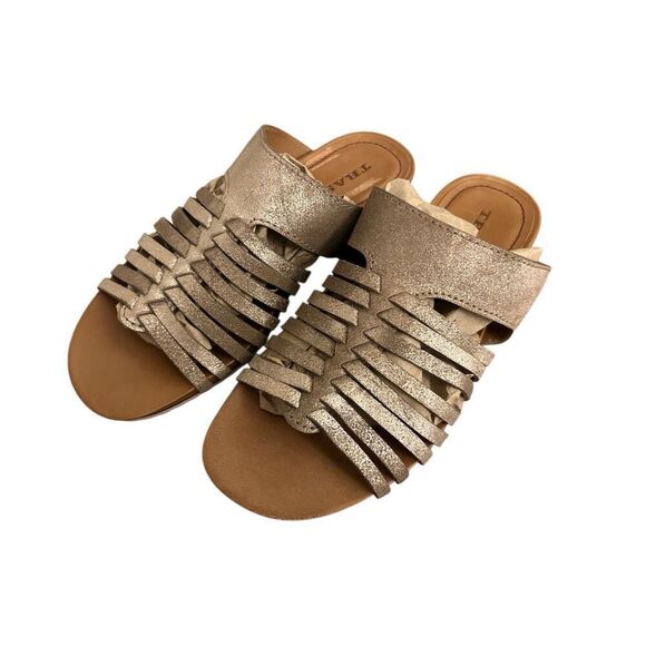Trask Sandra Sandals sz 7 slip-on metallic gold comfy hand woven strap leather c - Picture 1 of 7